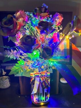 XL PRIDE FAUX FLORAL ARRANGEMENT/RAINBOW FAIRY LIGHTS/DOZEN ROSES/HANDMADE/NWT